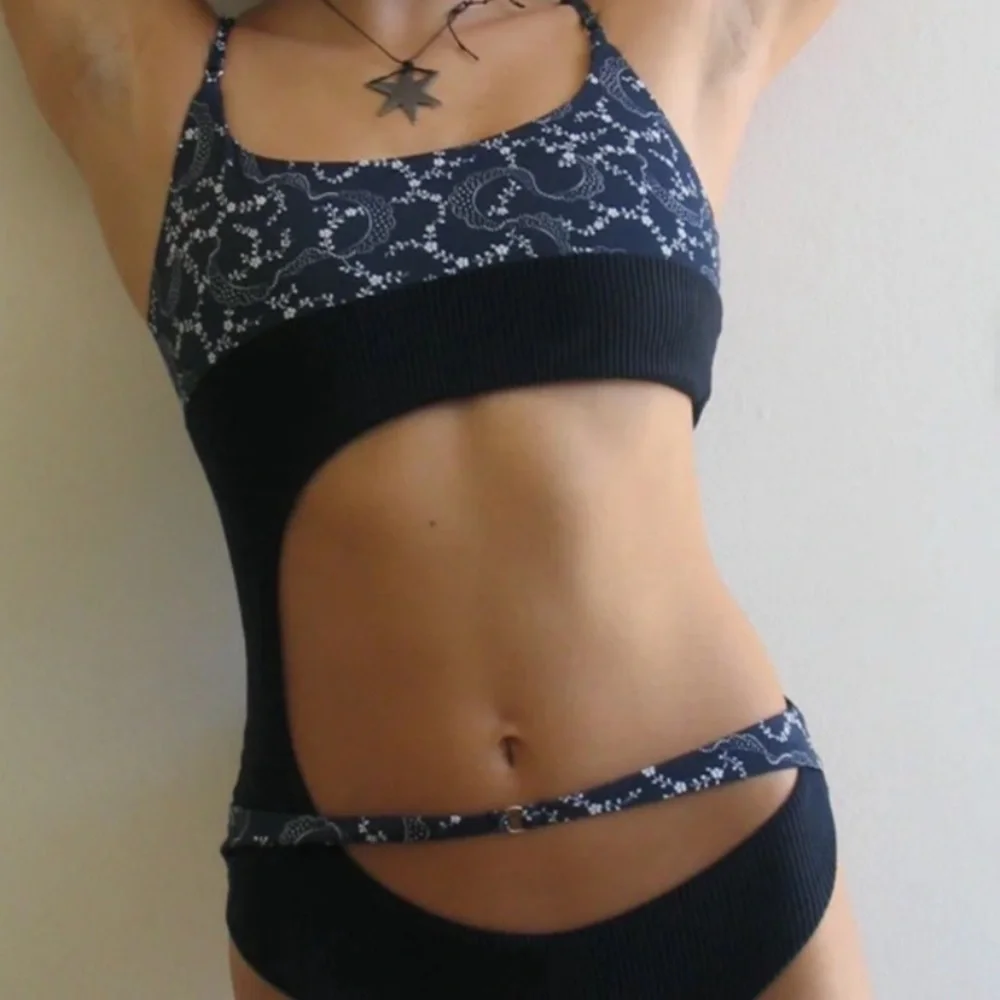 New! Frankie’s Bikinis Thea Ribbed One-piece Swimsuit navy blue 24667